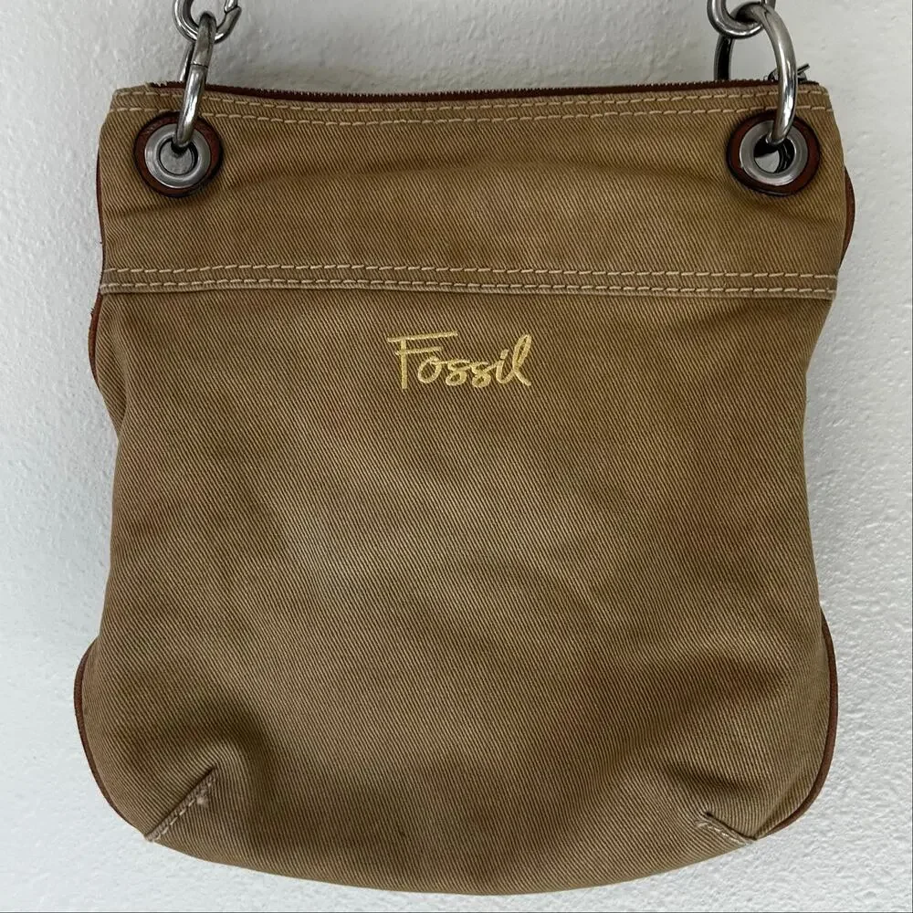 Vintage Fossil Canvas Leather Crossbody Bag Tan Utility Y2K Boho Messenger Purse